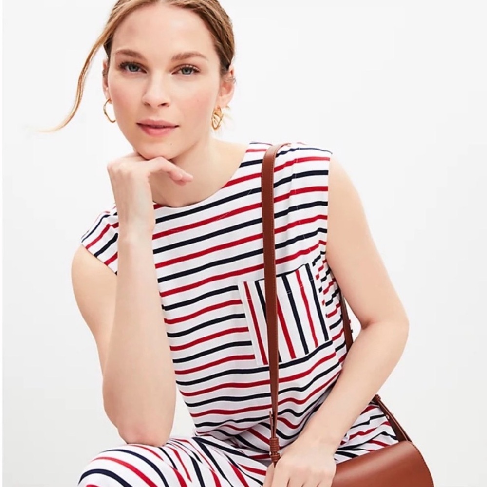 LOFT Red, White, and Blue Striped Pocket Cotton Blend Muscle Midi Tee Dress, M